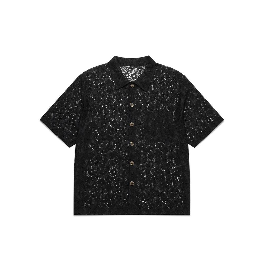 Mutimer Black Lace Shirt Men’s Short Sleeve Sheer Button Up - Size Large